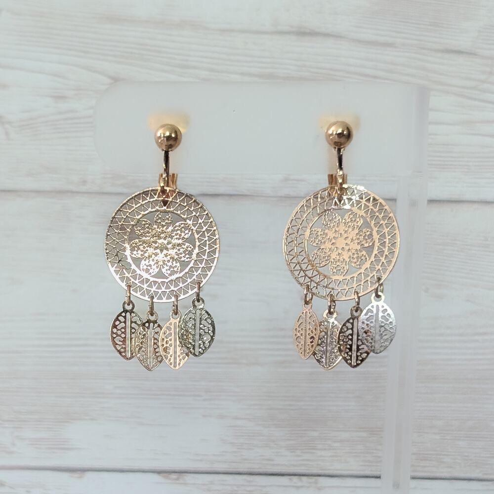 Vintage Clip On Earrings Gold Tone Boho with Leaf Dangle Light Weight